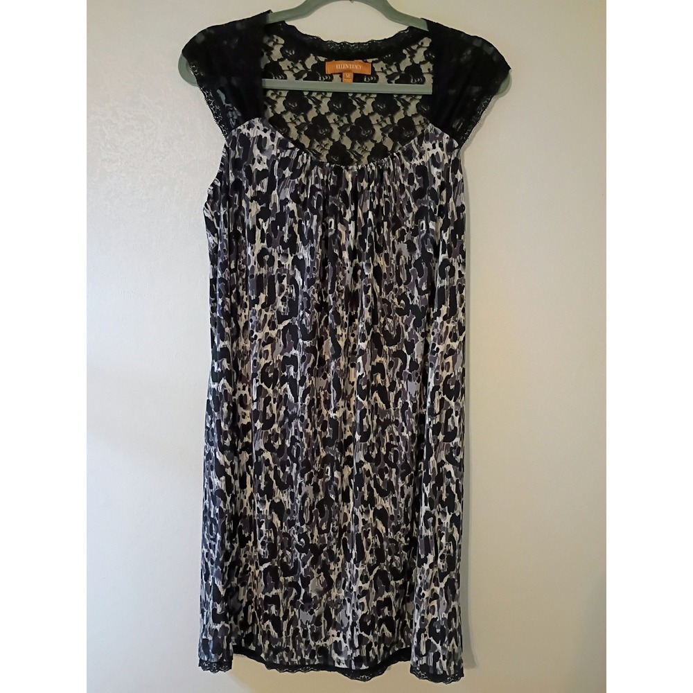 Ellen Tracy Night‎ Gown Black Grey Leopard Print Lace Cap Sleeve Dress Size M